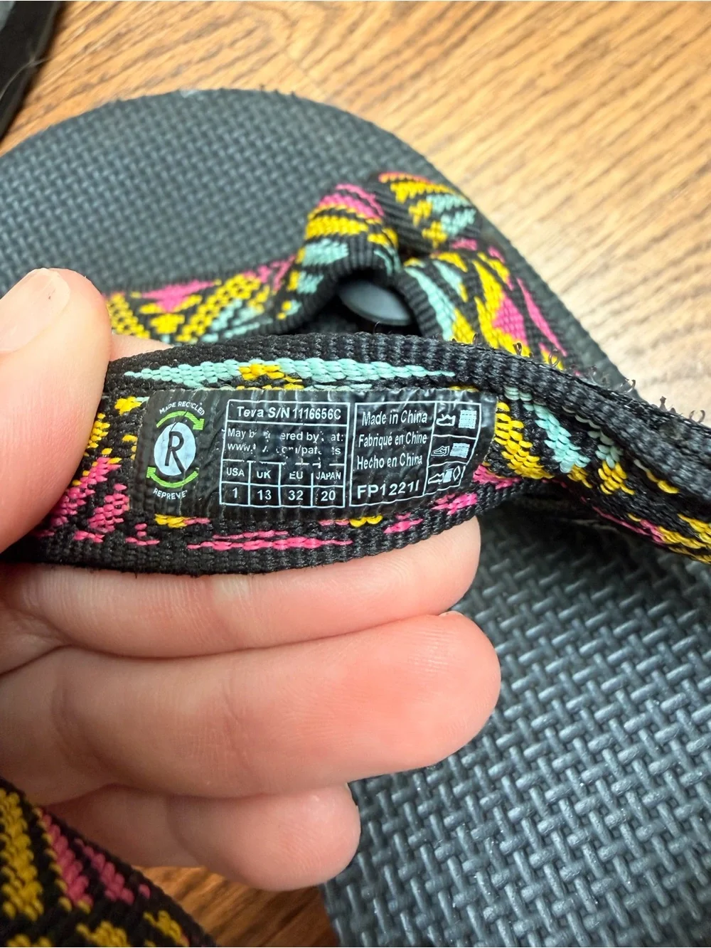Teva Black Sandals with Yellow, Pink & Teal Patterned Straps Kids 1